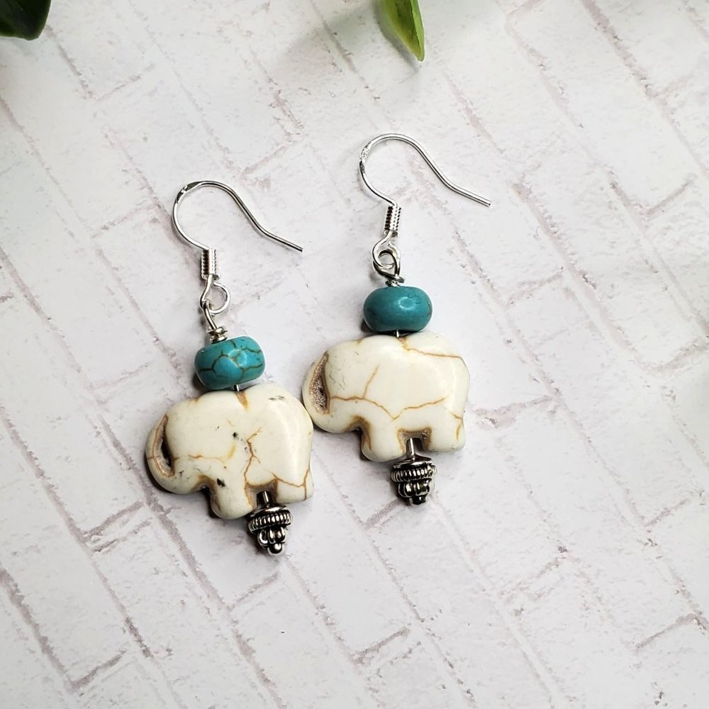 Boho Elephant Earrings Turquoise Howlite Natural Stone Dangles